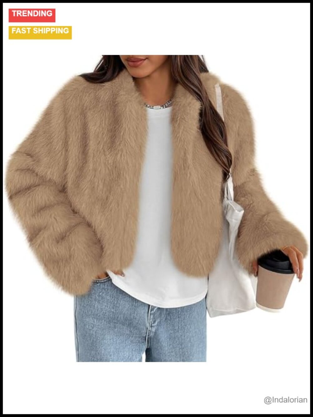 Womens Faux Fur Open Front Jacket Long Sleeve Cropped Fuzzy Coat